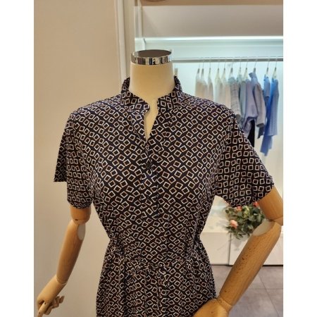 네모 패턴 허리 끈 원피스