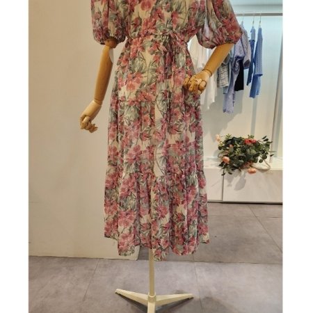 핑크 플라워 퍼프소매 원피스