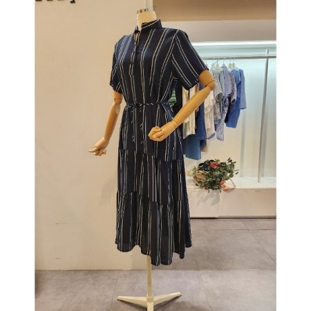 차이나 카라 줄지 원피스