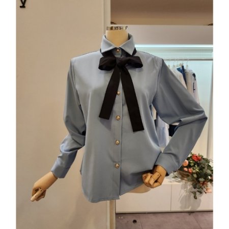 블랙 리본 타이 블라우스