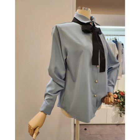 블랙 리본 타이 블라우스