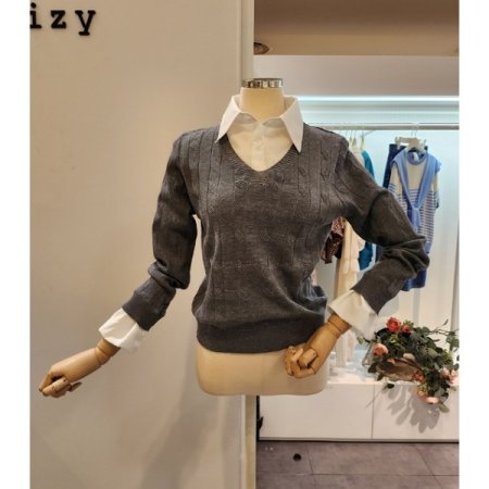 셔츠 배색 슬림 니트