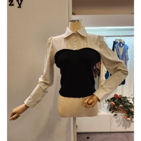 블라우스 배색 골지 니트