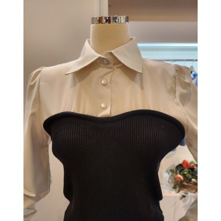 블라우스 배색 골지 니트