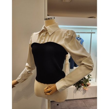 블라우스 배색 골지 니트