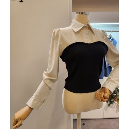 블라우스 배색 골지 니트