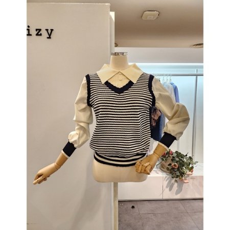 블라우스 배색 줄무늬 니트