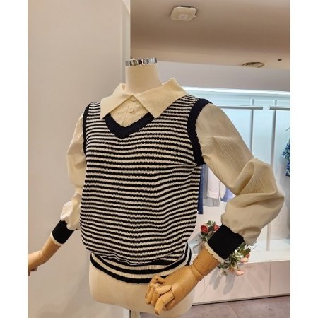 블라우스 배색 줄무늬 니트