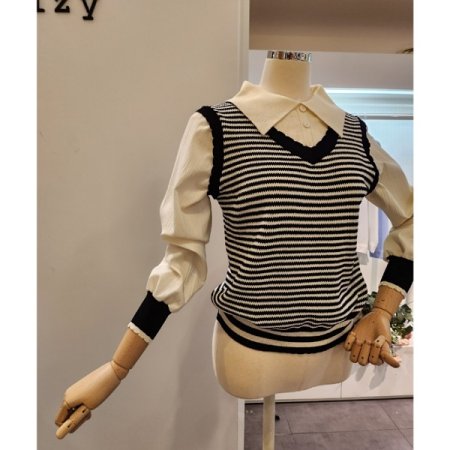 블라우스 배색 줄무늬 니트