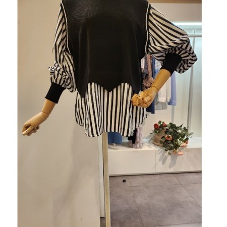 줄무늬 블라우스 배색 니트