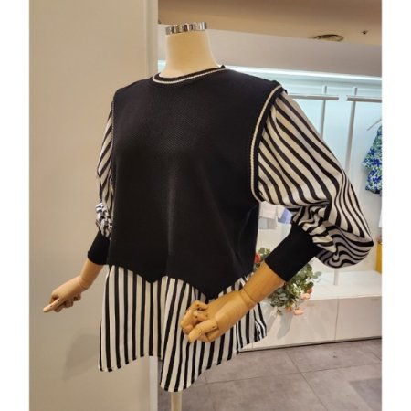 줄무늬 블라우스 배색 니트