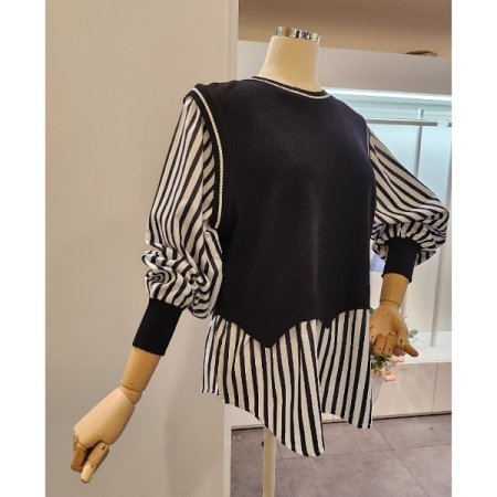 줄무늬 블라우스 배색 니트