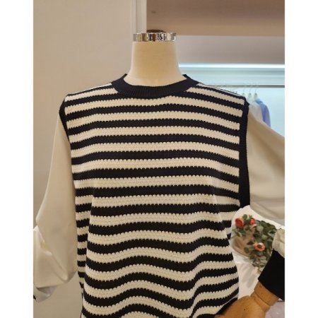 블라우스 배색 스트라이프 니트