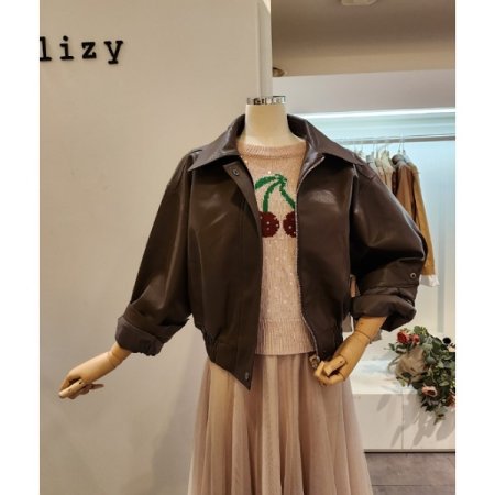 하프 크롭 집업 레자 자켓