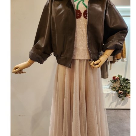 하프 크롭 집업 레자 자켓