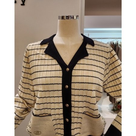 네모 패턴 배색 카라 가디건