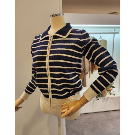 스트라이프 집업 카라 가디건