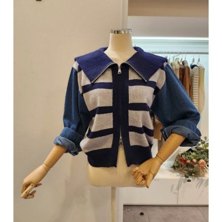 세일러 데님 배색 가디건
