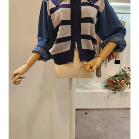 세일러 데님 배색 가디건