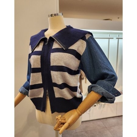 세일러 데님 배색 가디건