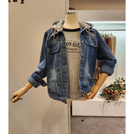 워싱 후드 데님 자켓