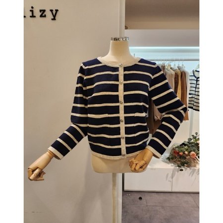 메탈 스트라이프 라운드넥 가디건