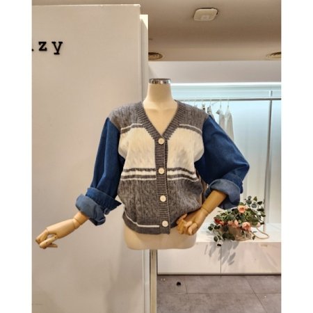 데님 배색 꽈배기 가디건