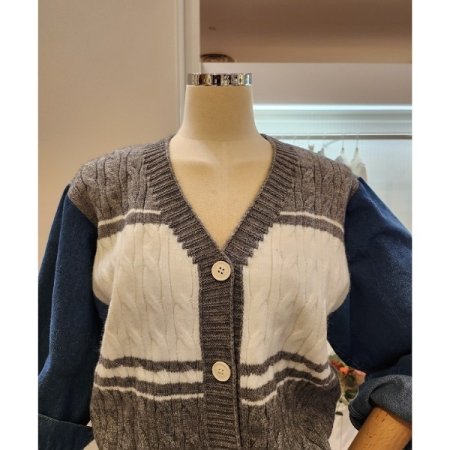 데님 배색 꽈배기 가디건