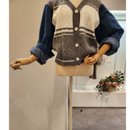 데님 배색 꽈배기 가디건