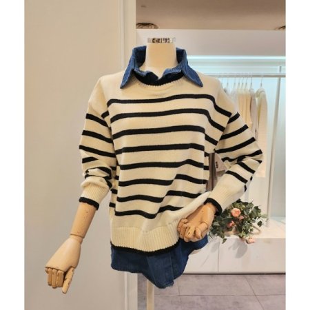 데님 셔츠 배색 니트