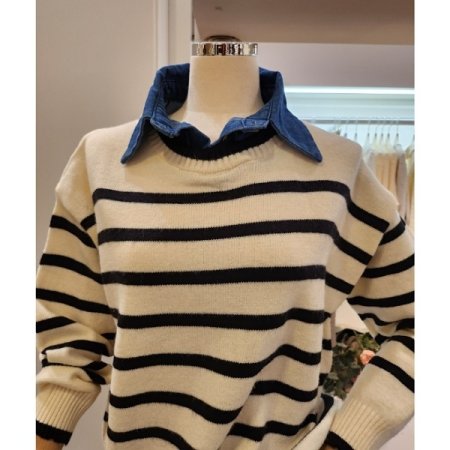 데님 셔츠 배색 니트