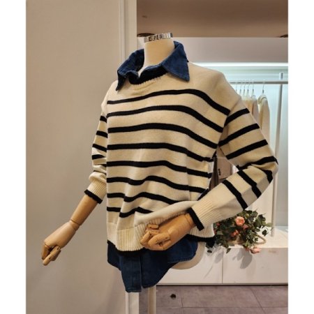 데님 셔츠 배색 니트