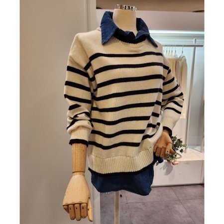 데님 셔츠 배색 니트