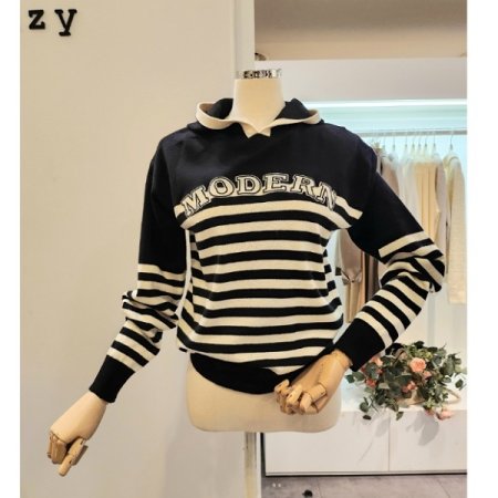 후드넥 레터링 줄무늬 니트