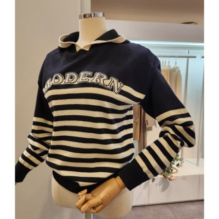 후드넥 레터링 줄무늬 니트