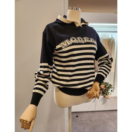 후드넥 레터링 줄무늬 니트