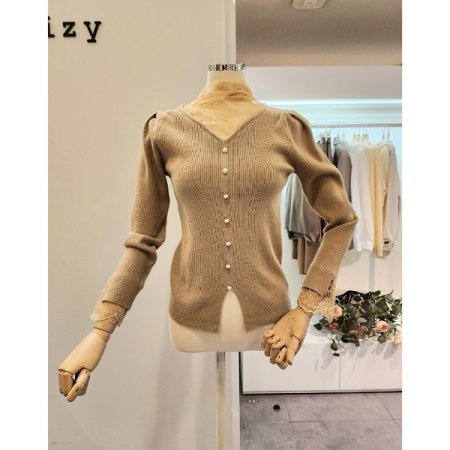 시스루 레이스 배색 골지 니트