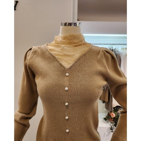 시스루 레이스 배색 골지 니트