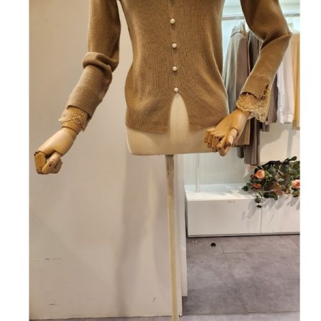 시스루 레이스 배색 골지 니트