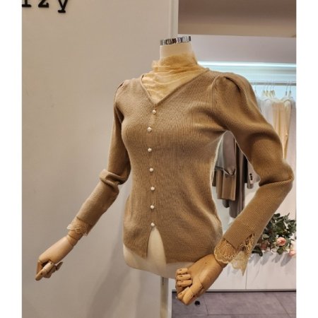 시스루 레이스 배색 골지 니트