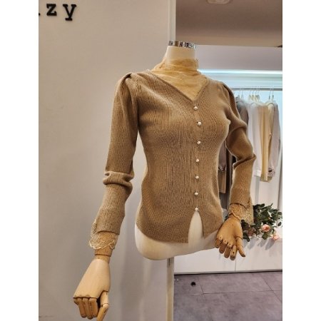 시스루 레이스 배색 골지 니트