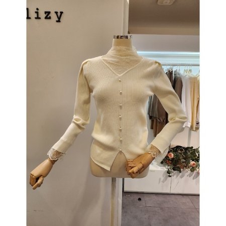 시스루 레이스 배색 골지 니트