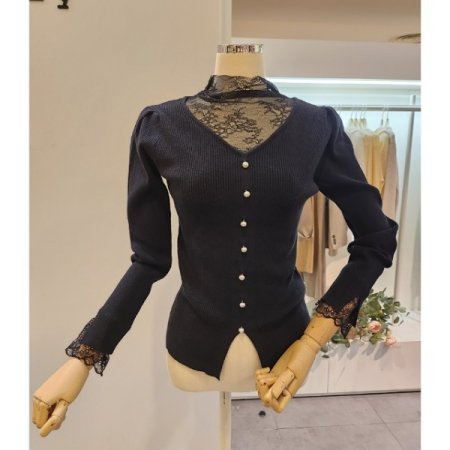 시스루 레이스 배색 골지 니트