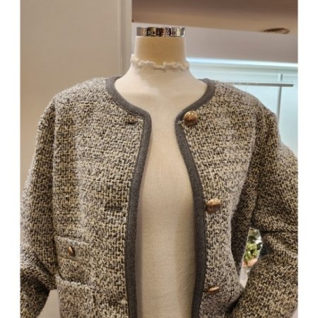 양포켓 노카라 트위드 자켓