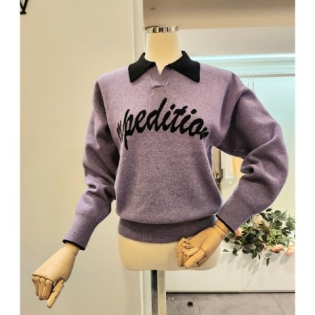 카라 배색 레터링 니트