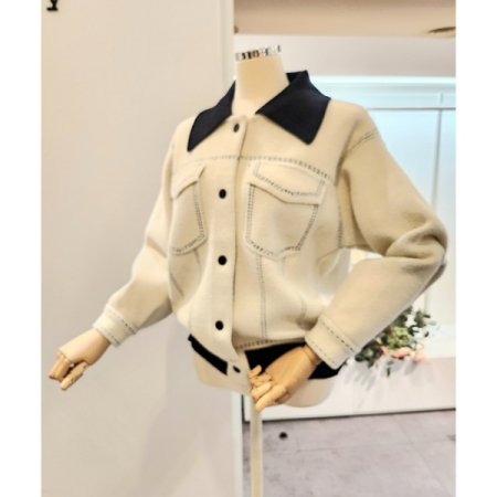 카라 배색 스티치 니트 자켓