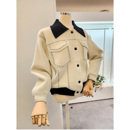 카라 배색 스티치 니트 자켓