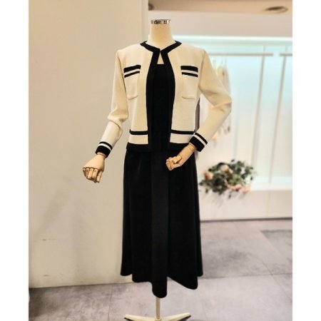 배색 니트 가디건 원피스 세트