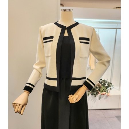 배색 니트 가디건 원피스 세트