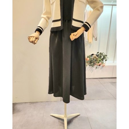 배색 니트 가디건 원피스 세트